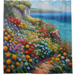 Impressionistische Cliffside Flowers met uitzicht Douchegordijn