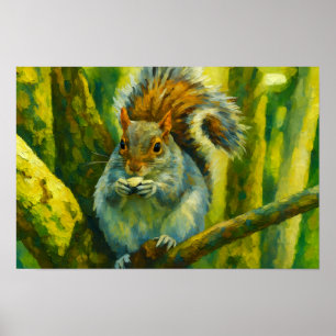Impressionistische eekhoorn in bosgebladerte poster