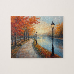 Impressionistische herfstlantaarnpalen langs de ri legpuzzel