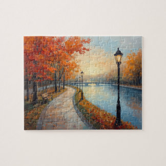 Impressionistische herfstlantaarnpalen langs de ri legpuzzel