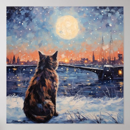 Impressionistische kat met uitzicht op water in de poster (Voorkant)