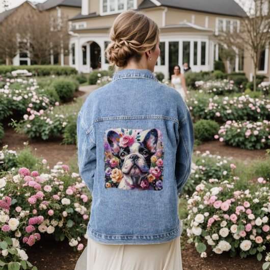 Impressionistische kleurrijke Franse Bulldog Flora Denim Jacket (Huwelijk Achterkant)