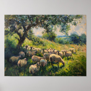 Impressionistische kudde schapen Landschapsschilde Poster