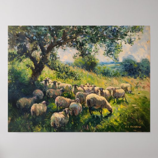 Impressionistische kudde schapen Landschapsschilde Poster (Voorkant)