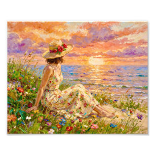 Impressionistische Kustzonsondergang Vrouw op St Foto Afdruk