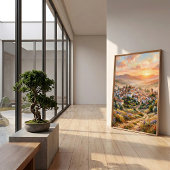 Impressionistische landschapschildering zonsonderg poster