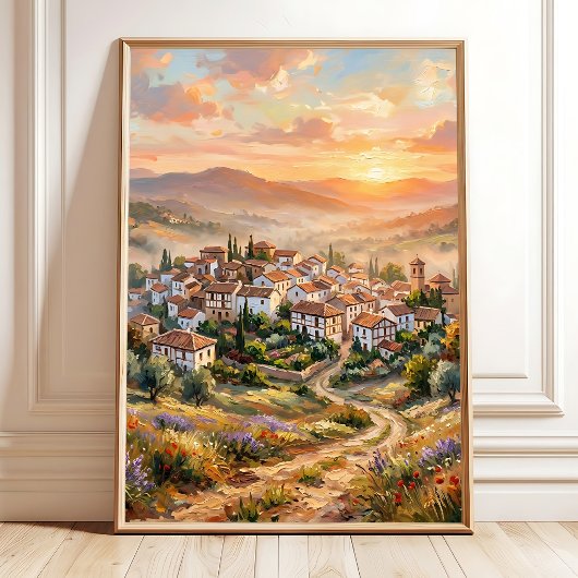 Impressionistische landschapschildering zonsonderg poster