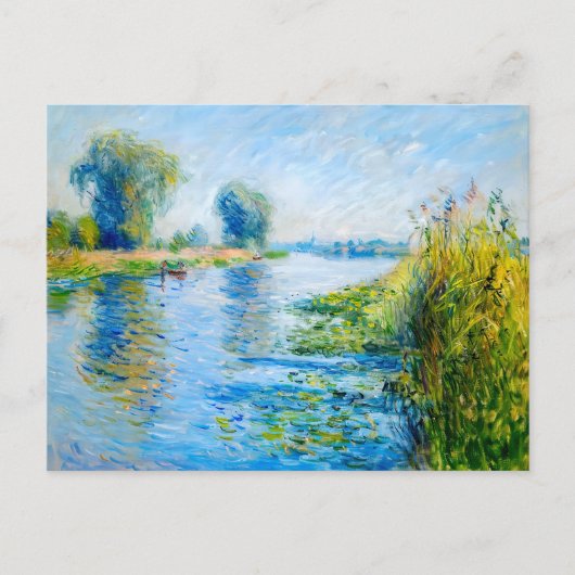 Impressionistische lente rivieroever met boten feestdagenkaart (Voorkant)