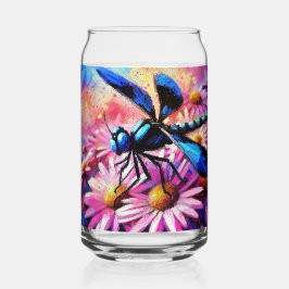 Impressionistische libel op roze madeliefjes bloem blikvorm glas