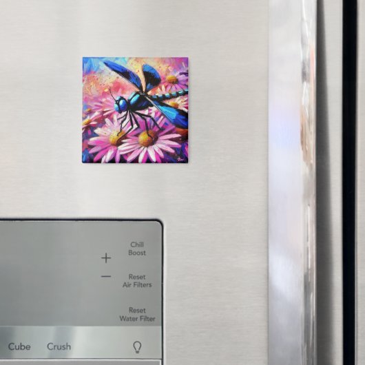 Impressionistische libel op roze madeliefjes bloem magneet (Insitu (Koelkast))