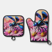 Impressionistische libel op roze madeliefjes bloem ovenwant & pannenlap set (Voorkant)