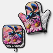 Impressionistische libel op roze madeliefjes bloem ovenwant & pannenlap set (Voorkant / Achterkant)