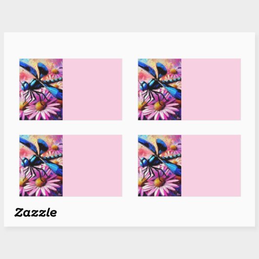 Impressionistische libel op roze madeliefjes bloem rechthoekige sticker (Vel)