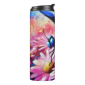 Impressionistische libel op roze madeliefjes bloem thermosbeker (Gedraaid links)