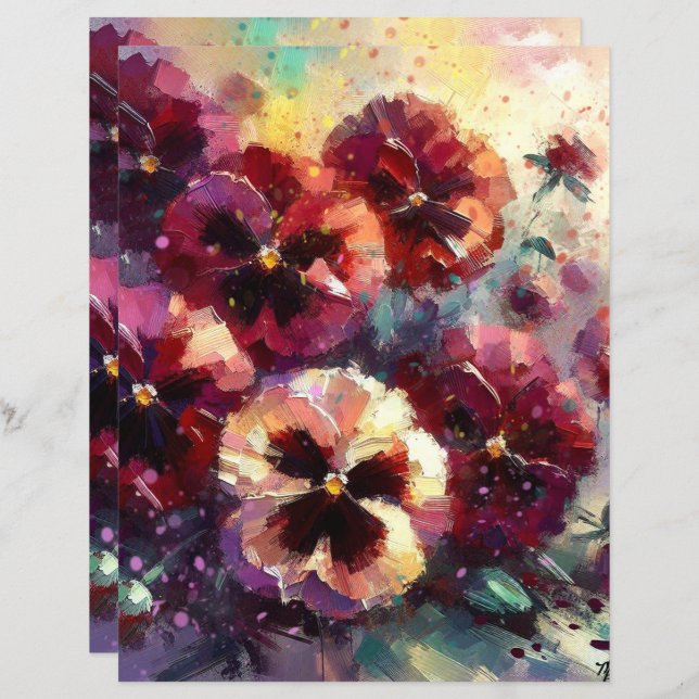 Impressionistische Maroon Pansies Floral Painting (Voorkant / Achterkant)