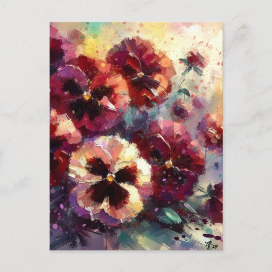 Impressionistische Maroon Pansies Floral Painting Briefkaart (Voorkant)