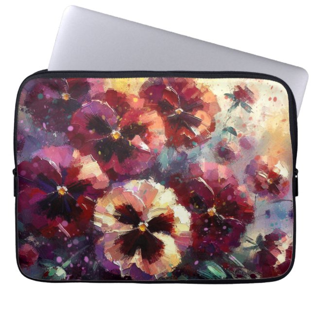 Impressionistische Maroon Pansies Floral Painting Laptop Sleeve (Voorkant)