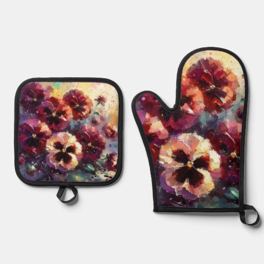 Impressionistische Maroon Pansies Floral Painting Ovenwant & Pannenlap Set (Voorkant)