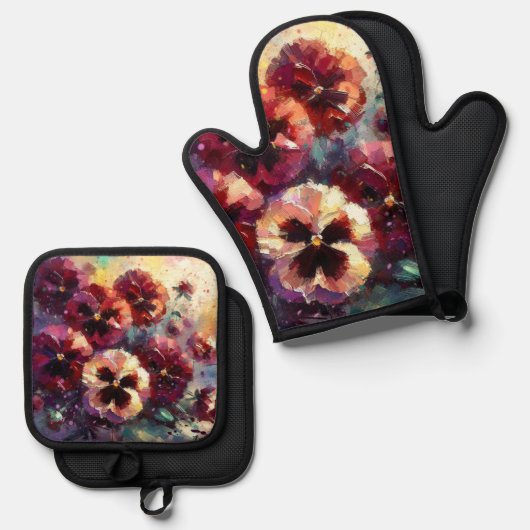 Impressionistische Maroon Pansies Floral Painting Ovenwant & Pannenlap Set (Voorkant / Achterkant)
