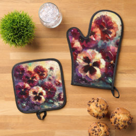 Impressionistische Maroon Pansies Floral Painting Ovenwant & Pannenlap Set