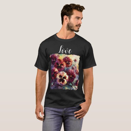 Impressionistische Maroon Pansies Floral Painting T-shirt (Voorkant volledig)
