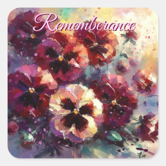 Impressionistische Maroon Pansies Floral Painting Vierkante Sticker (Voorkant)