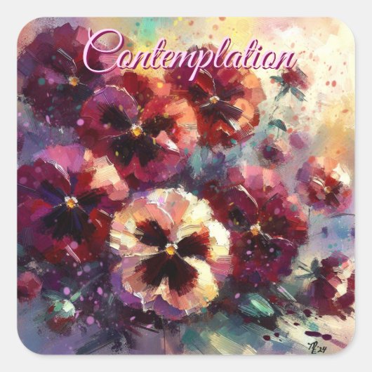 Impressionistische Maroon Pansies Floral Painting Vierkante Sticker (Voorkant)