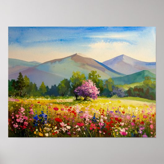 Impressionistische Mountain Wildflower Meadow Wall Poster (Voorkant)