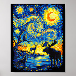 Impressionistische natuur kunst eland wolf uil poster