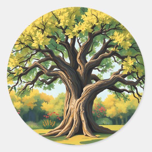Impressionistische oude eikenboom kunst ronde sticker (Voorkant)
