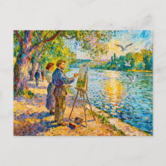 Impressionistische rivier schilder scene met park briefkaart (Voorkant)
