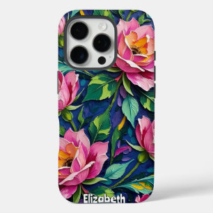 Impressionistische roze rozen op blauw iPhone 16 pro hoesje