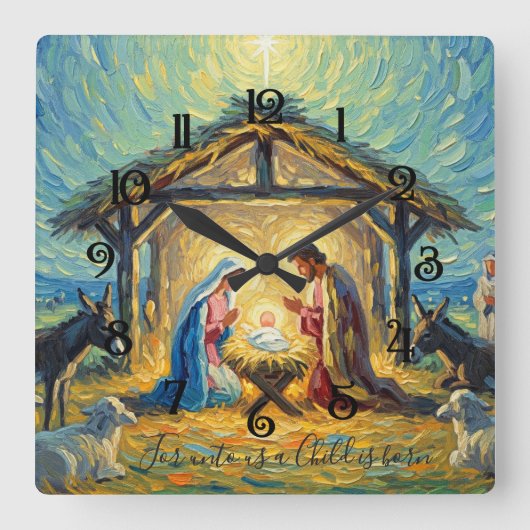 Impressionistische Schilderij Kerststal Vierkante Klok (Voorkant)