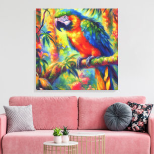 Impressionistische tropische papegaai vogel blauw canvas afdruk