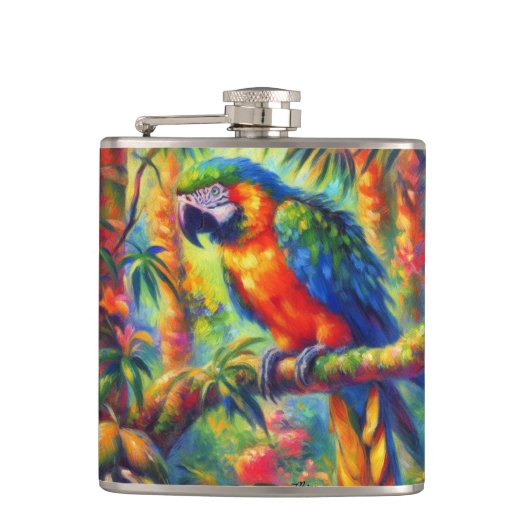 Impressionistische tropische papegaai vogel blauw  heupfles (Voorkant)