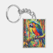 Impressionistische tropische papegaai vogel blauw  sleutelhanger (Voorkant Links)