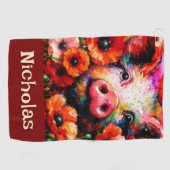Impressionistische Varken Rode Poppy Bloemen Geper Golfhanddoek (Horizontaal)