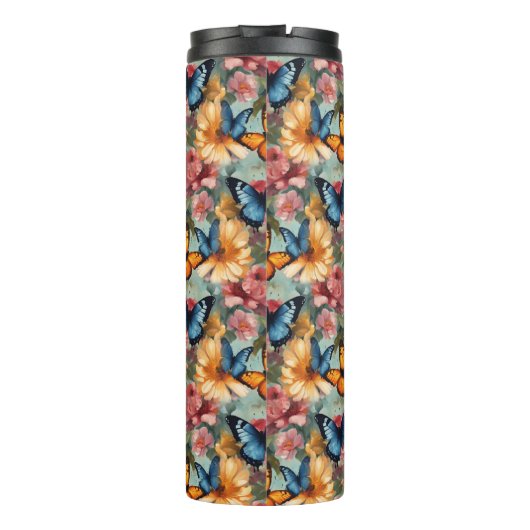 Impressionistische vlinders en bloemen thermosbeker (Achterkant)