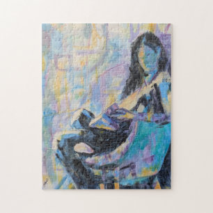 Impressionistische vrouw in de stoel die het schil legpuzzel