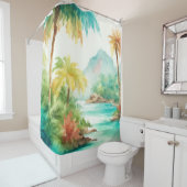 Impressionistische Waterverf Tropical Island Scene Douchegordijn (In situ)