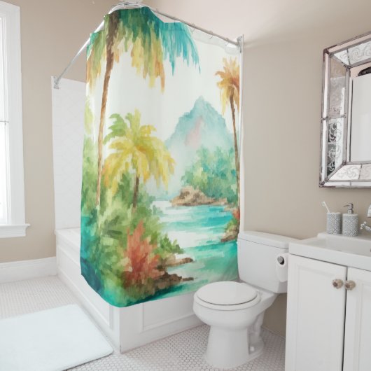 Impressionistische Waterverf Tropical Island Scene Douchegordijn (In situ)