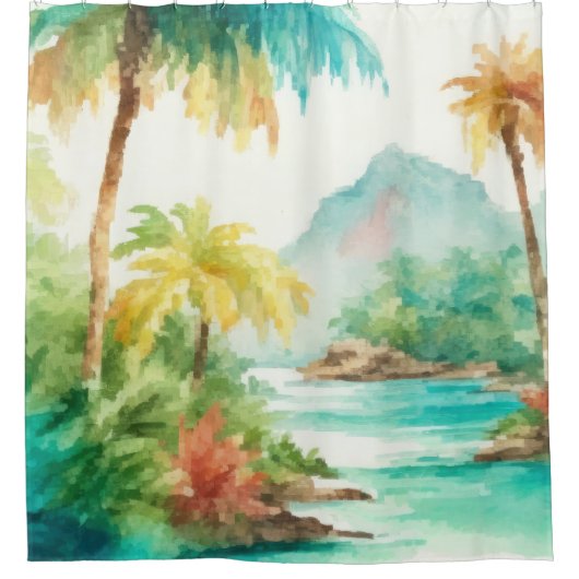 Impressionistische Waterverf Tropical Island Scene Douchegordijn (Voorkant)