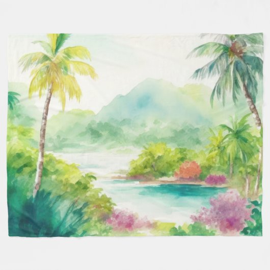 Impressionistische Waterverf Tropical Island Scene Fleece Deken (Voorkant (Horizontaal))