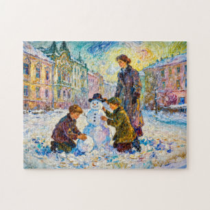 Impressionistische winterplein scène met kinderen legpuzzel