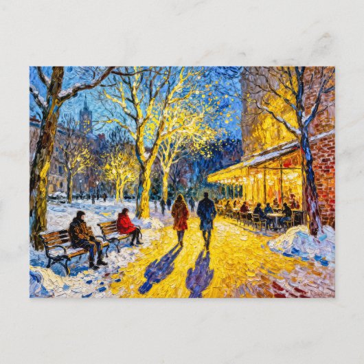Impressionistische winterstadpark scene met restau briefkaart (Voorkant)