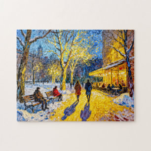 Impressionistische winterstadpark scene met restau legpuzzel