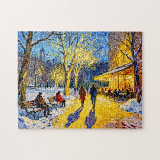 Impressionistische winterstadpark scene met restau legpuzzel (Horizontaal)