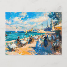 Impressionistische zeezijde stad café