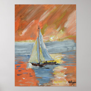 Impressionistische zeilboot bij gouden zonsonderga poster