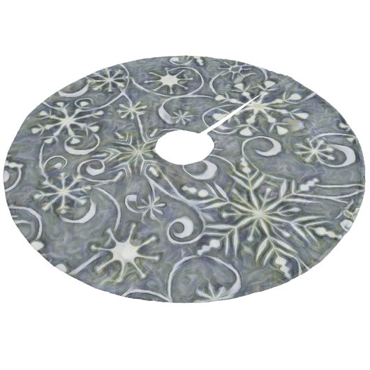 Impressionistische zilverwitte dansende sneeuwvlok fleece kerstboom rok (Gekanteld)